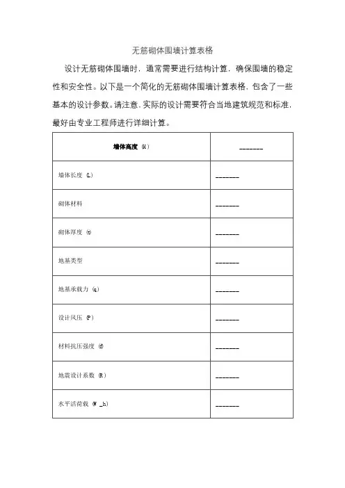 无筋砌体围墙计算表格