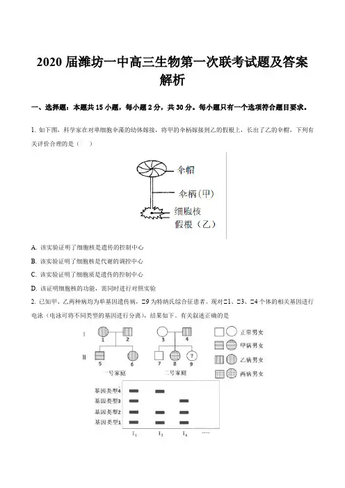2020届潍坊一中高三生物第一次联考试题及答案解析
