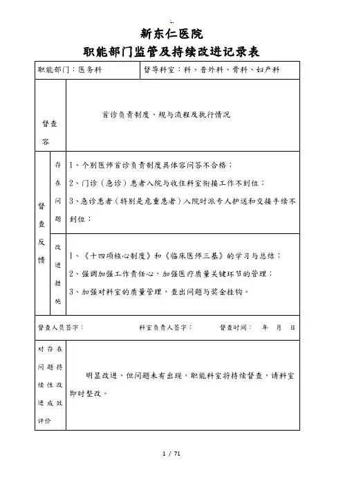 医院职能部门监管及持续改进记录表