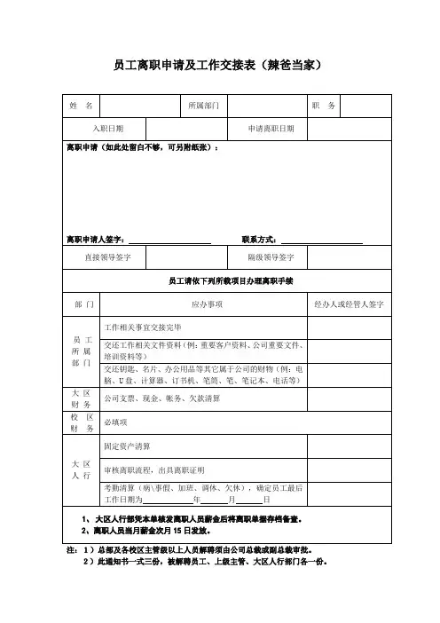员工离职申请及工作交接表