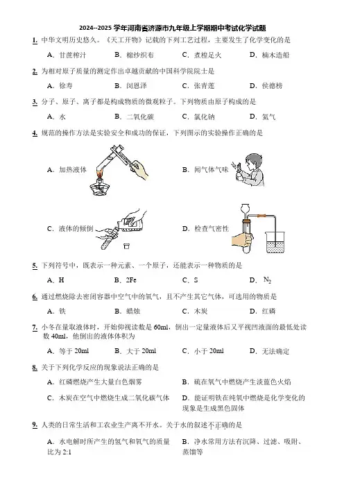 2024--2025学年河南省济源市九年级上学期期中考试化学试题