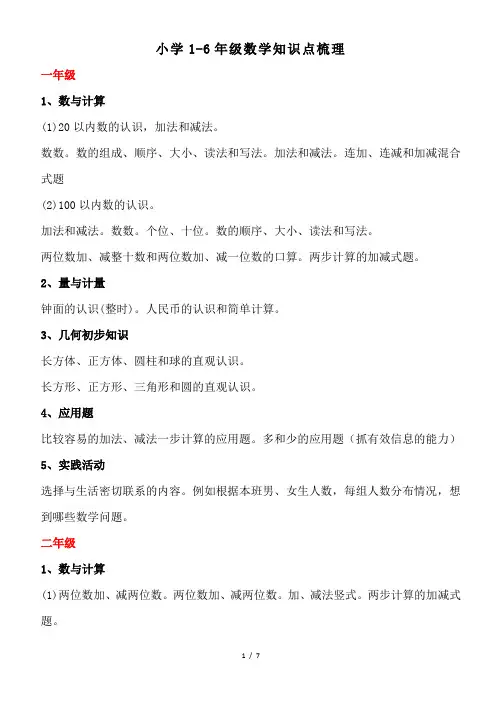 小学1-6年级数学知识点梳理