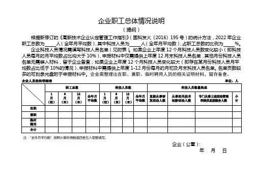 企业职工总体情况说明及科技人员名单(提纲及样表)
