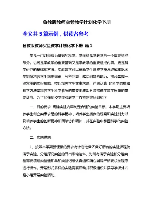 鲁教版教师实验教学计划化学下册