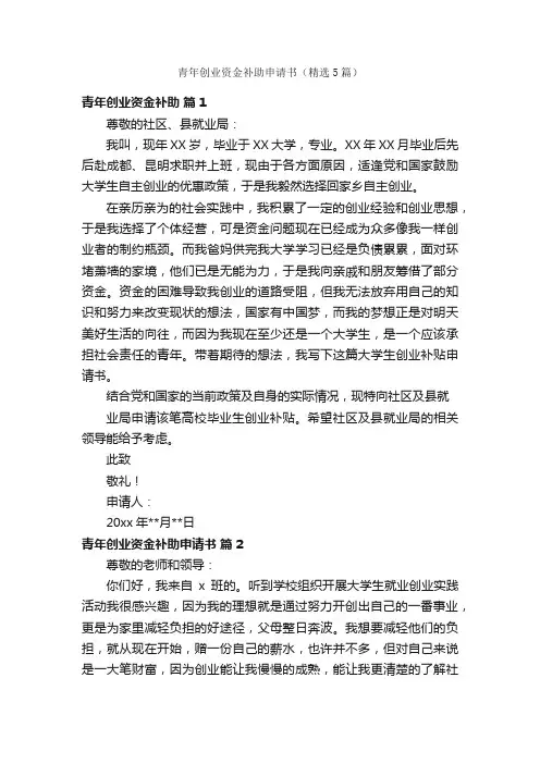 青年创业资金补助申请书（精选5篇）
