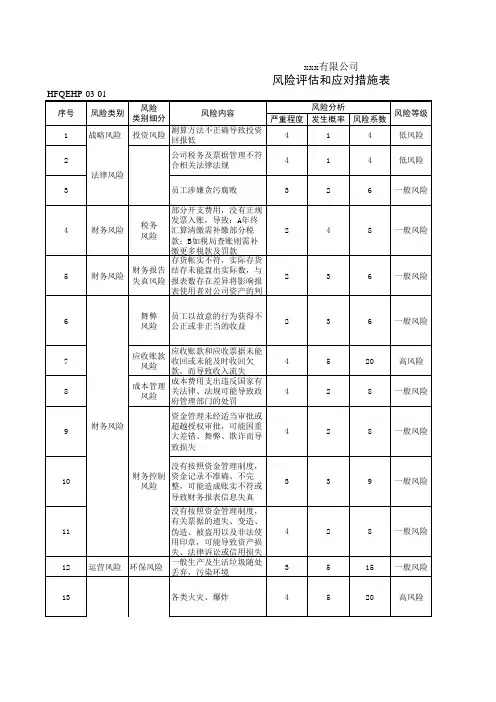 财务部风险评估和应对措施表