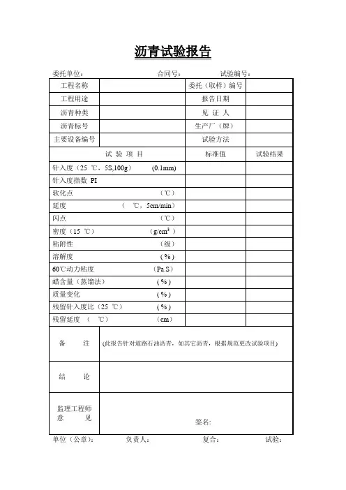 检验记录模板:沥青试验报告