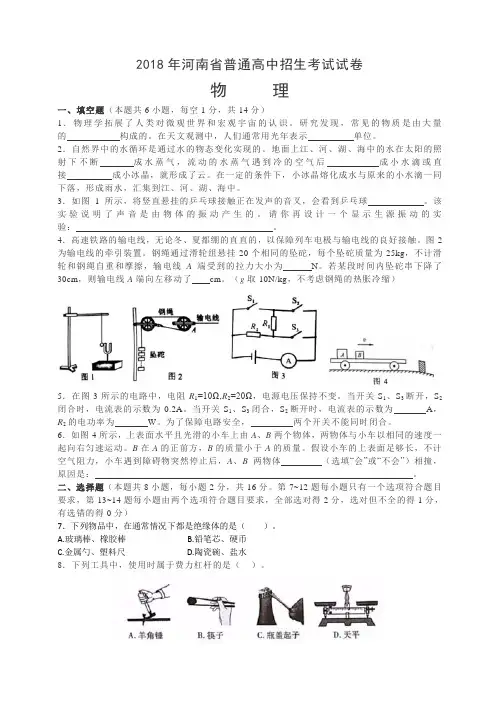 河南省2018年中考物理试题(word版,含答案)