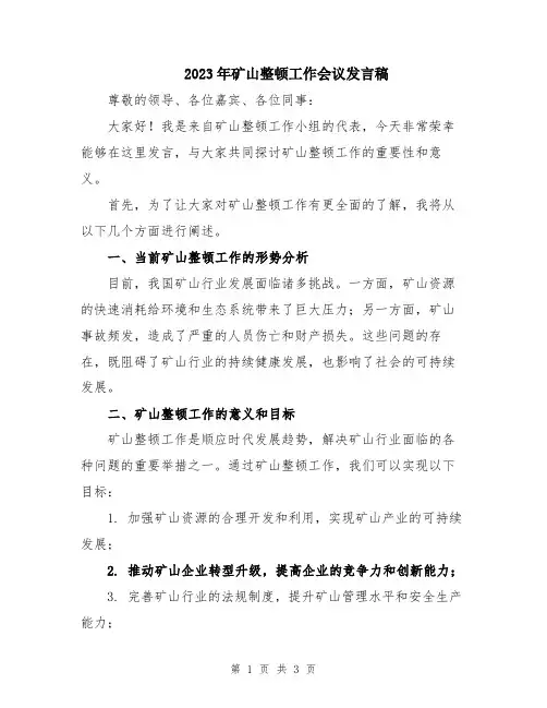 2023年矿山整顿工作会议发言稿