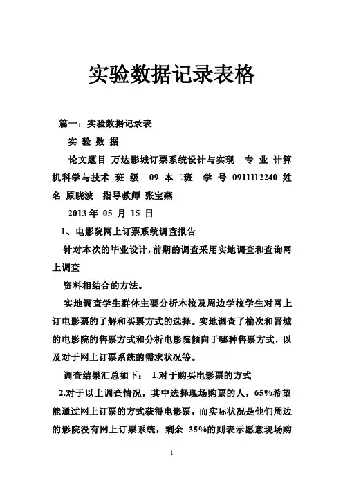 实验数据记录表格