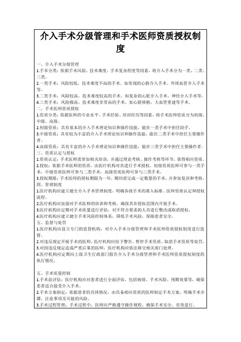 介入手术分级管理和手术医师资质授权制度