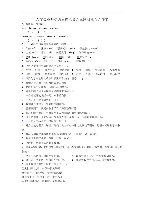 六年级小升初语文模拟综合试题测试卷含答案