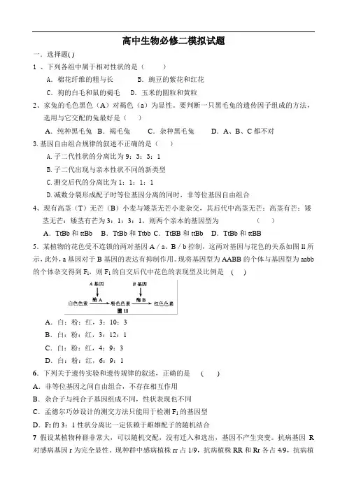 高中生物必修二试卷及答案