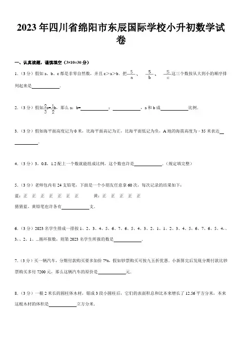 2023年四川省绵阳市东辰国际学校小升初数学试卷