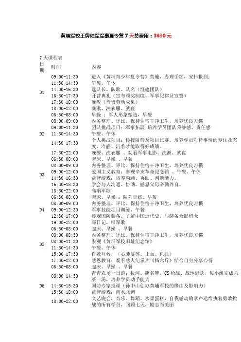 黄埔军校夏令营王牌陆军7天课程
