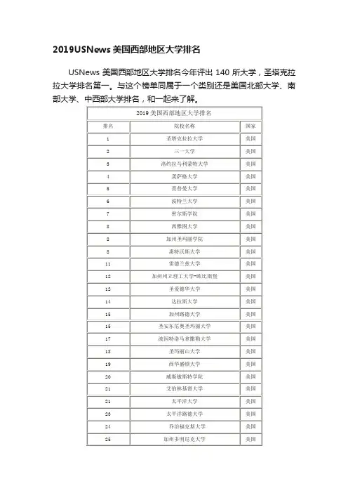 2019USNews美国西部地区大学排名