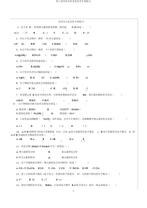 初三化学化合价及化学式专项练习