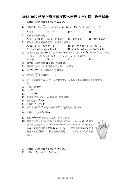 2018-2019学年上海市松江区七年级(上)期中数学试卷