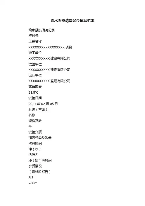 给水系统清洗记录填写范本