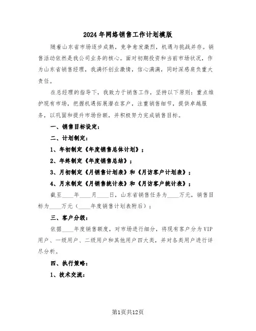 2024年网络销售工作计划模版（五篇）
