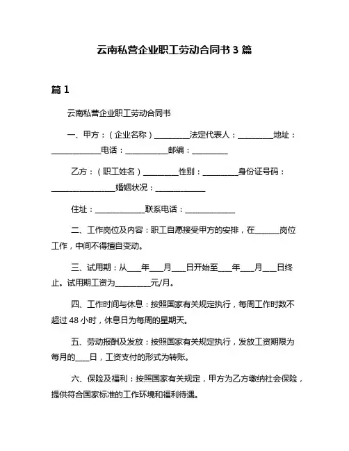 云南私营企业职工劳动合同书3篇