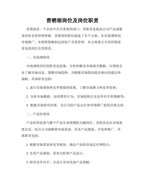 营销部岗位及岗位职责
