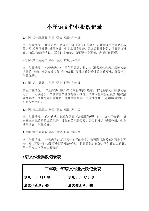 小学语文作业批改记录