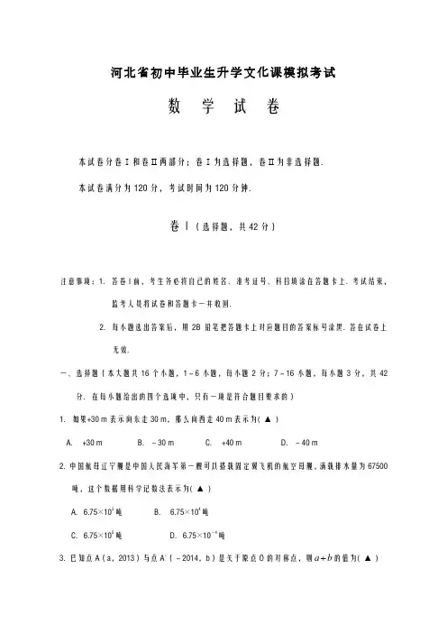 2020-2021学年河北省数学中考模拟试题(2)含答案解析
