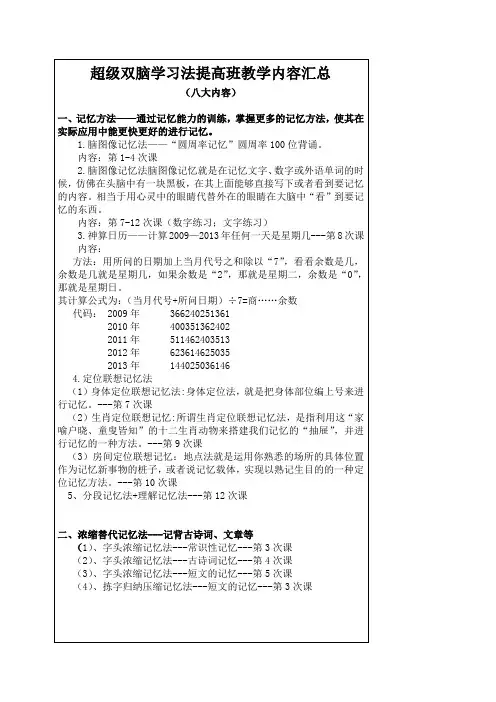 超级双脑学习法提高班教学内容汇总