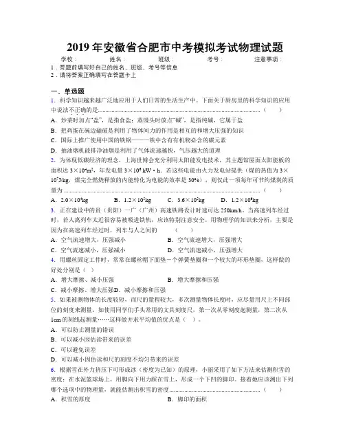 最新2019年安徽省合肥市中考模拟考试物理试题及解析