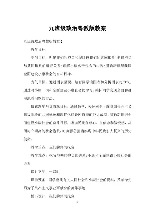 九年级政治粤教版教案
