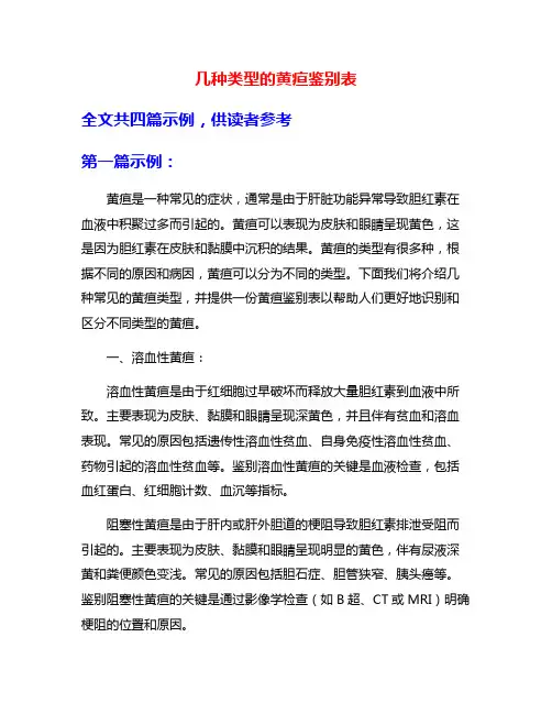 几种类型的黄疸鉴别表