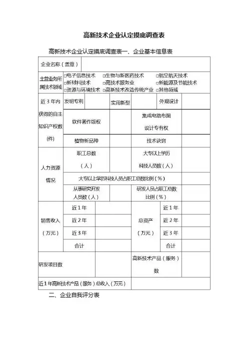 高新技术企业认定摸底调查表