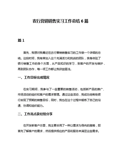 农行营销销售实习工作总结6篇