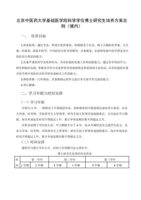 北京中医药大学基础医学院科学学位博士研究生培养方案总则