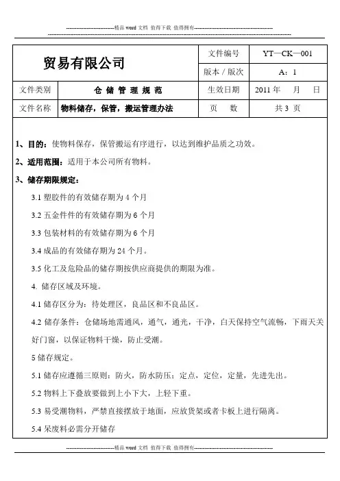 仓库储存-保管-搬运管理制度(SOP)