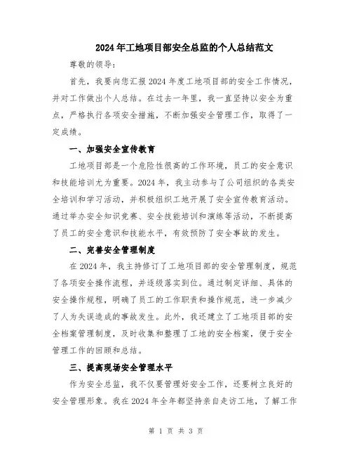 2024年工地项目部安全总监的个人总结范文