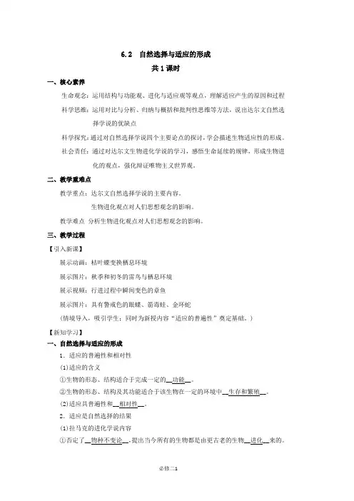 自然选择与适应的形成教学设计 高一下学期生物人教版必修二