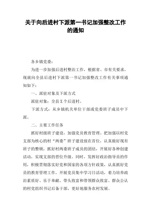 关于向后进村下派第一书记加强整改工作的通知