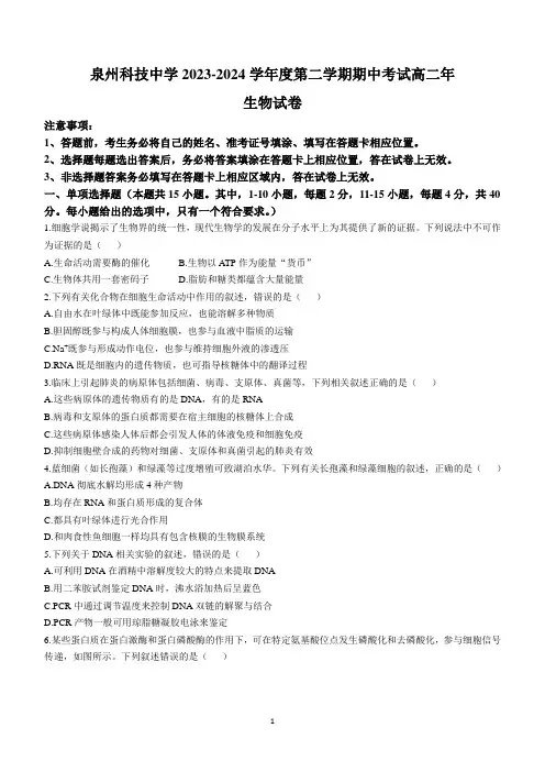 福建省泉州科技中学2023-2024学年高一下学期期中考试生物学试题