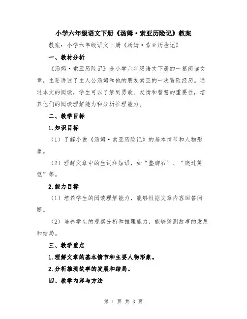 小学六年级语文下册《汤姆·索亚历险记》教案