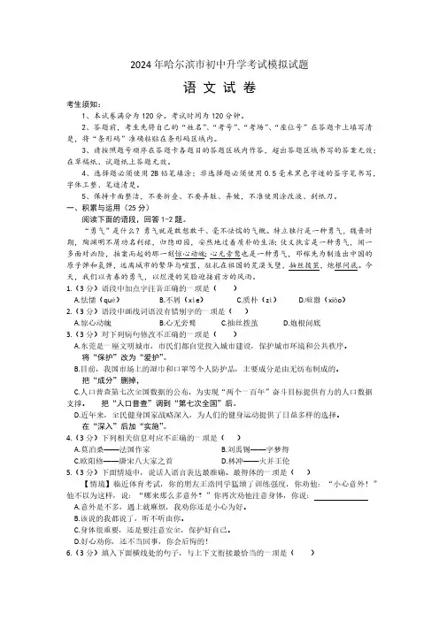 2024年黑龙江省哈尔滨市初中升学考试模拟(一模)语文试题(含答案).
