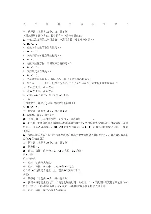 九年级数学长江作业本