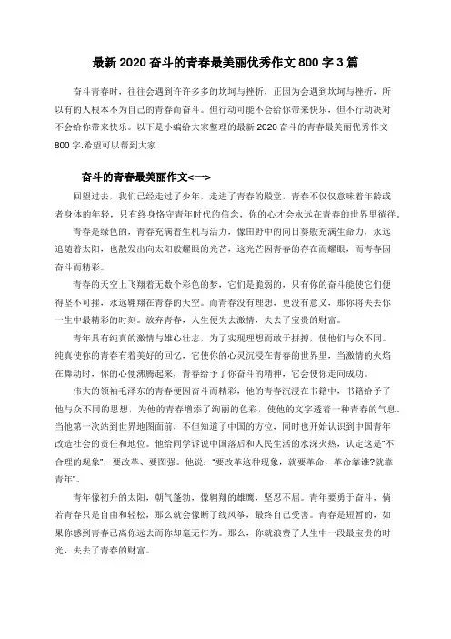 最新2020奋斗的青春最美丽优秀作文800字3篇