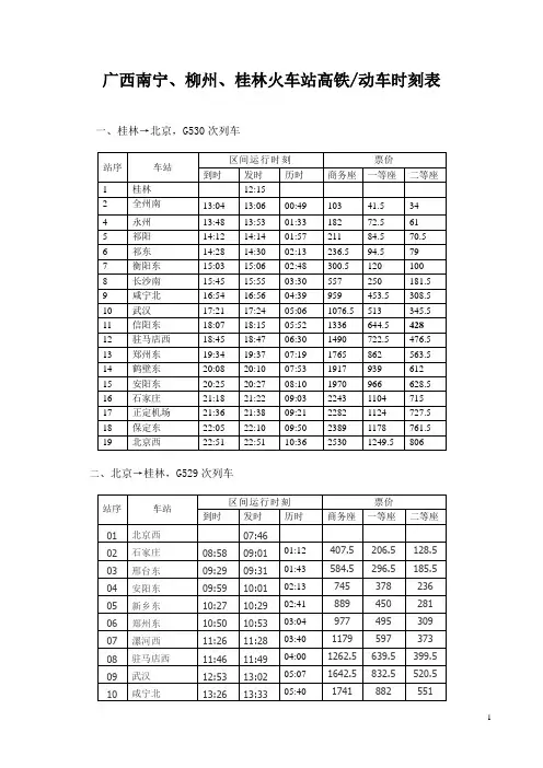 广西南宁、柳州、桂林高铁动车时刻(票价)表