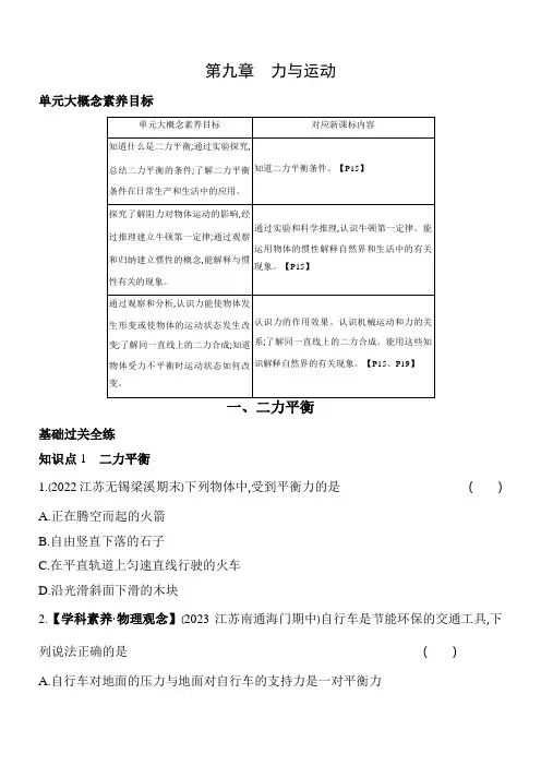 苏科版八年级下册物理9.1二力平衡素养提升练习(含解析)