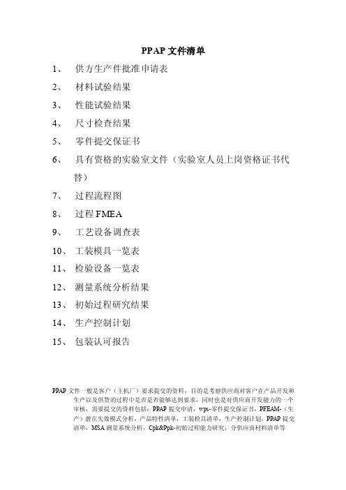 PPAP文件清单
