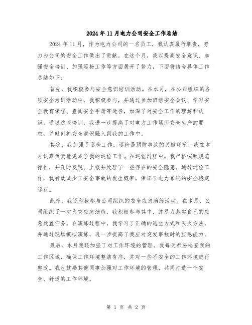 2024年11月电力公司安全工作总结