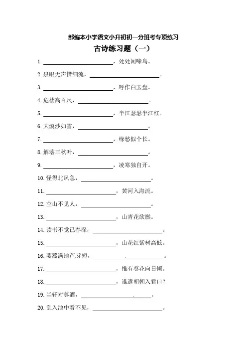部编本小学语文小升初初一分班考专项练习((古诗一)【含答案】