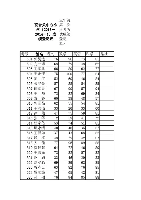 三年级期末考试登分表等级